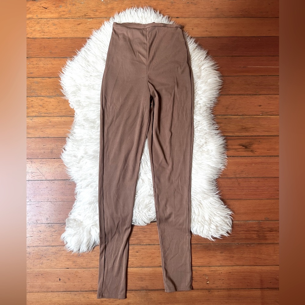 Brown Nude Ribbed Soft Knit Custom Cut Women's Pants Leggings NWOT